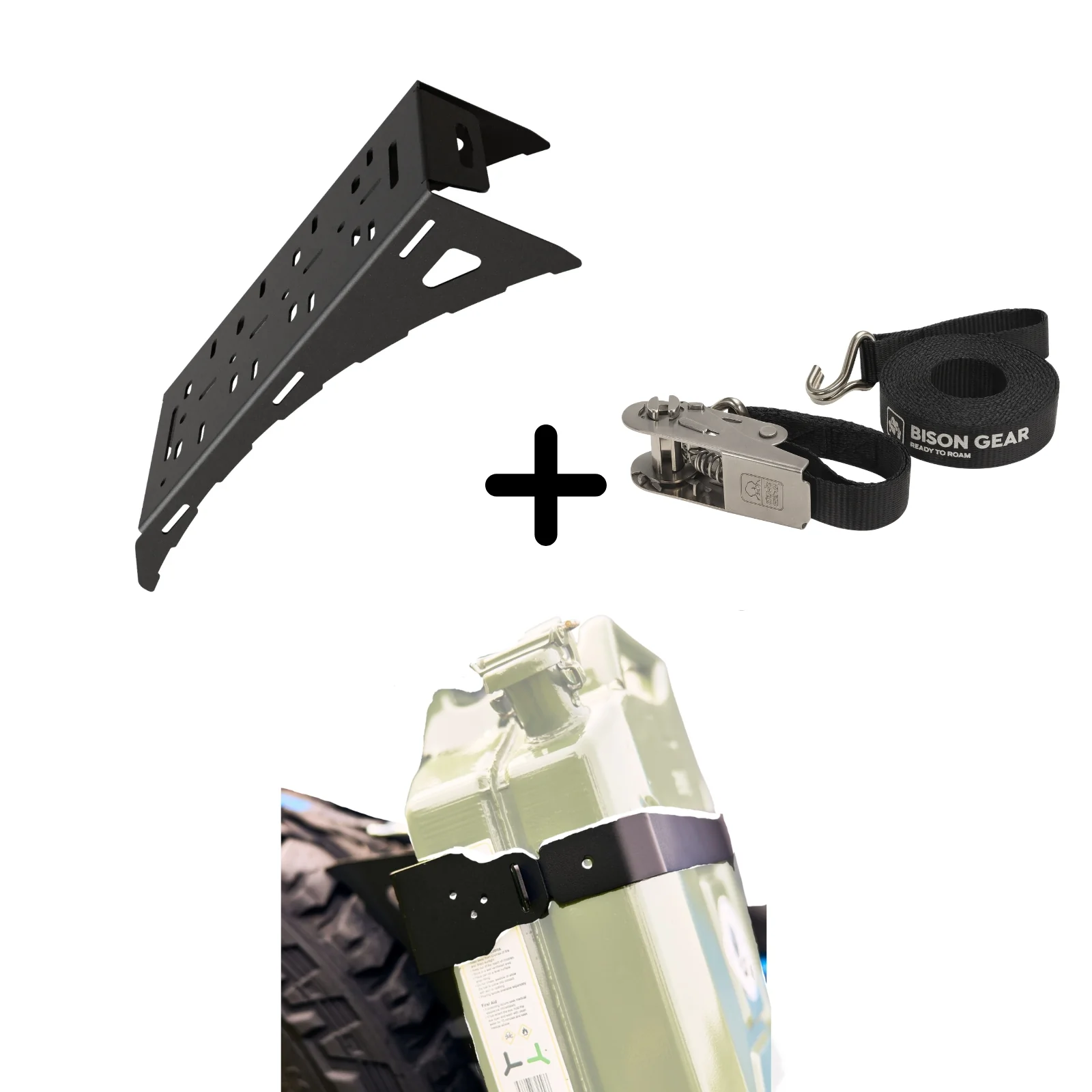 SET-Universal-Wheel-Mount-NEW-Strap-Jerry-Can-Mount-1-Bison-Gear Set Βάση Bison για τη ρεζέρβα με βάση για κάνιστρο 20lt - Image 1